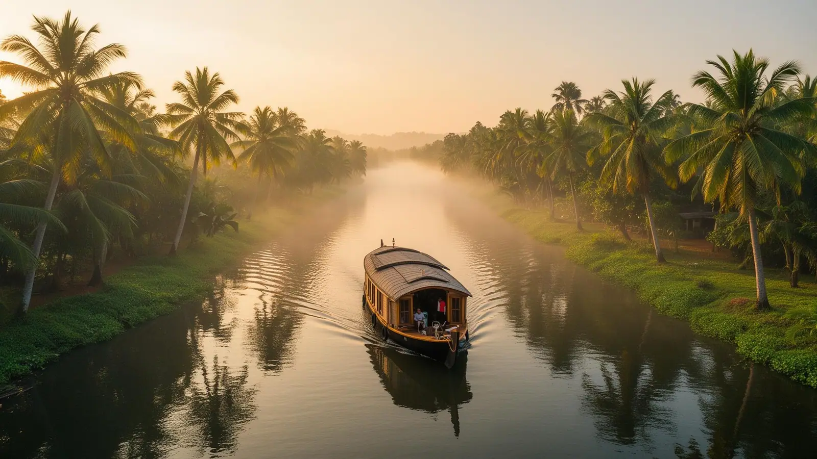 Kerala Alleppey backwaters with traditional houseboat at golden hour